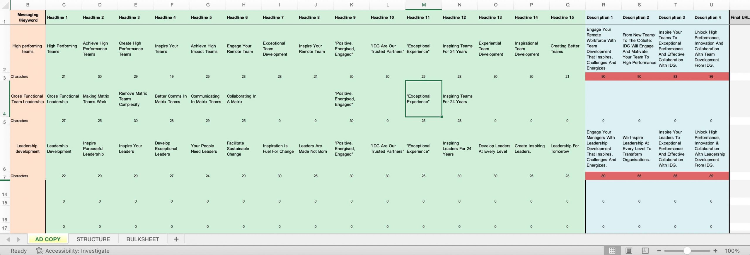 Google Ads worksheet